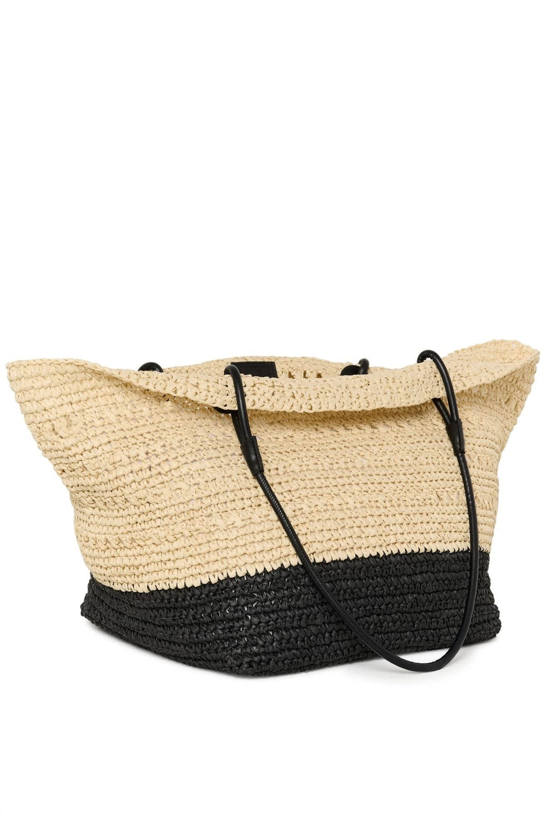 Front view of a beige straw handbag Inwear for women with brown handles - Valérie Simon