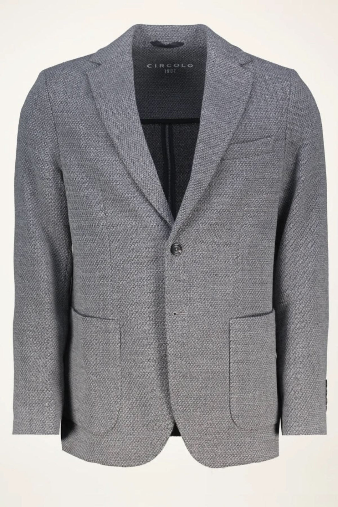 Blazer en jersey de coton gris texturé signé Circolo 1901, élégant et décontracté, idéal pour looks formels ou casual. Décris moi le produit en français.