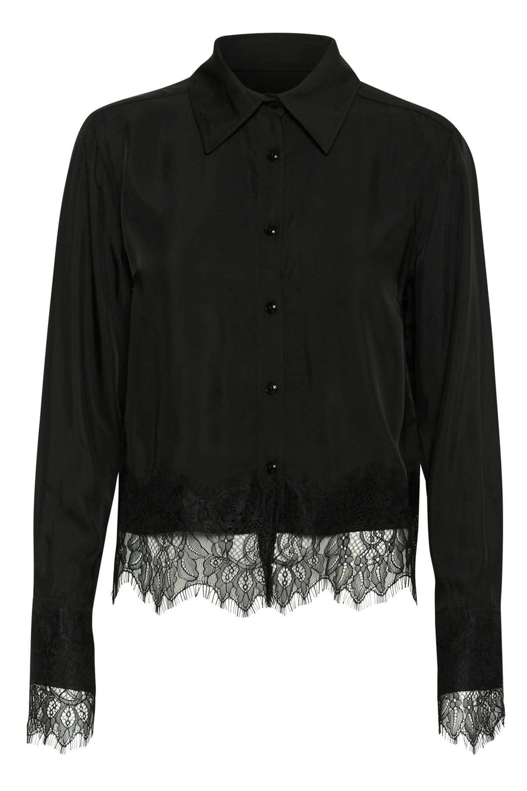 Blouse Lenina en noir, avec dentelle, manches longues et col classique, parfaite pour occasions spéciales.