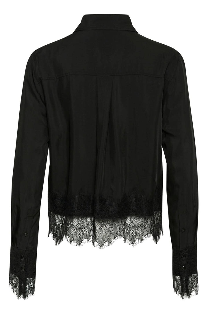 Chemise noire Lenina avec dentelle, manches longues, élégante et confortable pour toutes occasions.