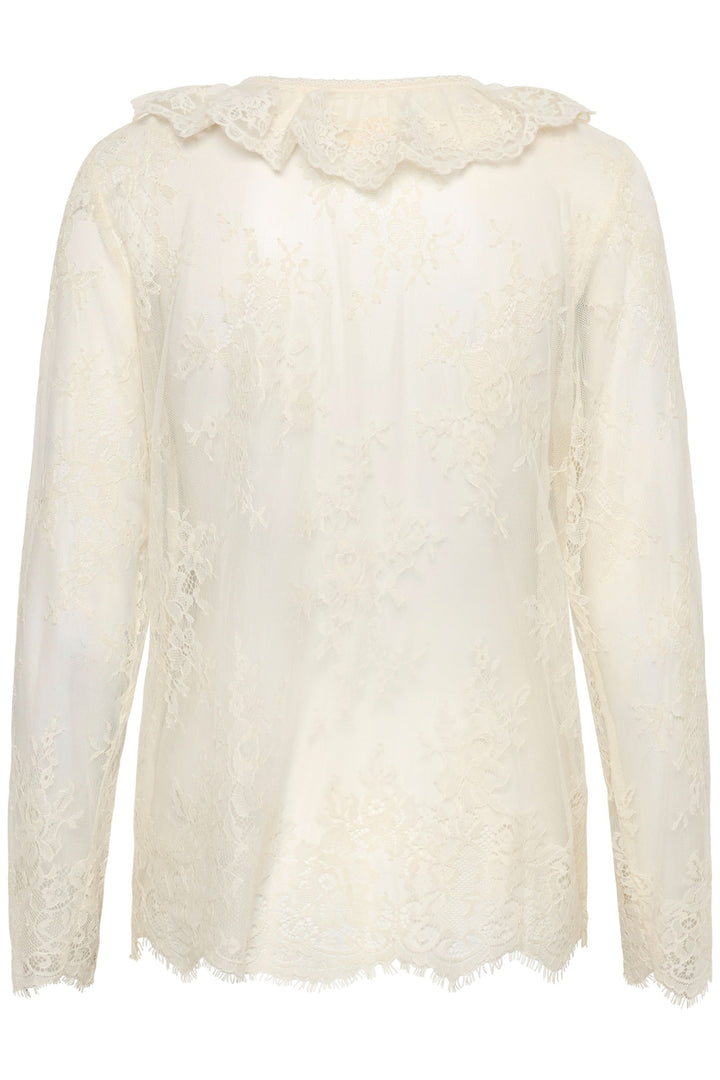 Blouse Mira en dentelle transparente à manches longues avec dentelle fine, col orné et lien à nouer sur l&