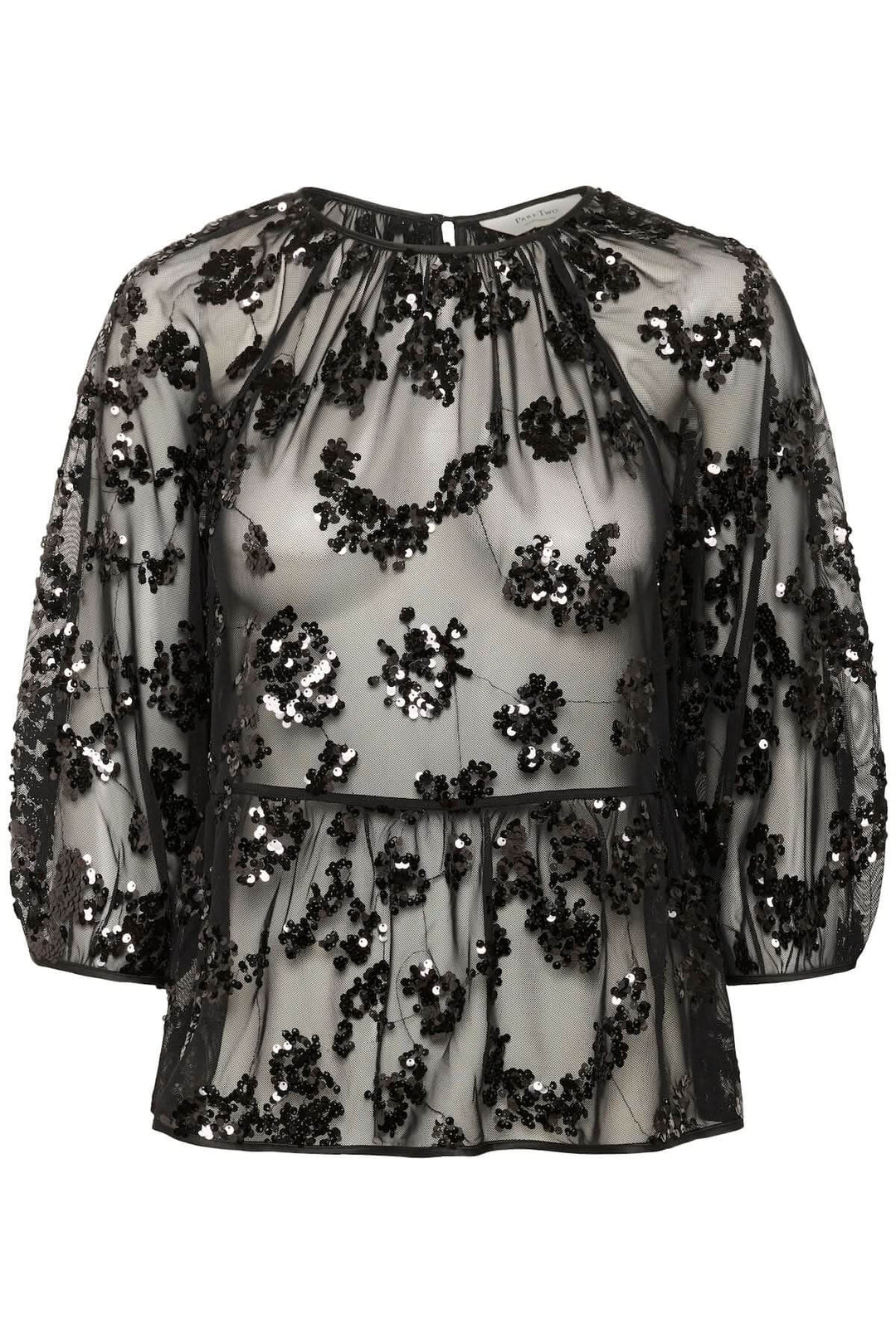 Blouse Vivan à sequins floraux avec tulle transparent et manches trois-quarts, élégante pour soirée ou quotidien.