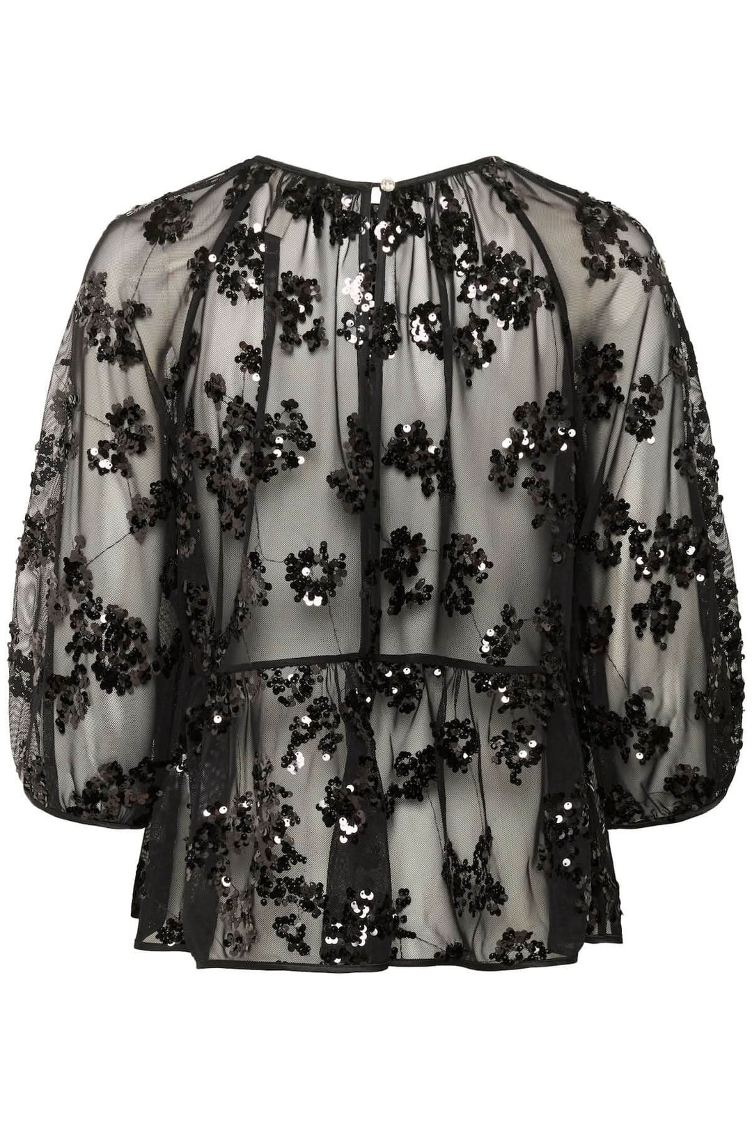 Blouse Vivan à sequins floraux avec fleurs brodées sur tulle transparent, élégante pour une soirée.