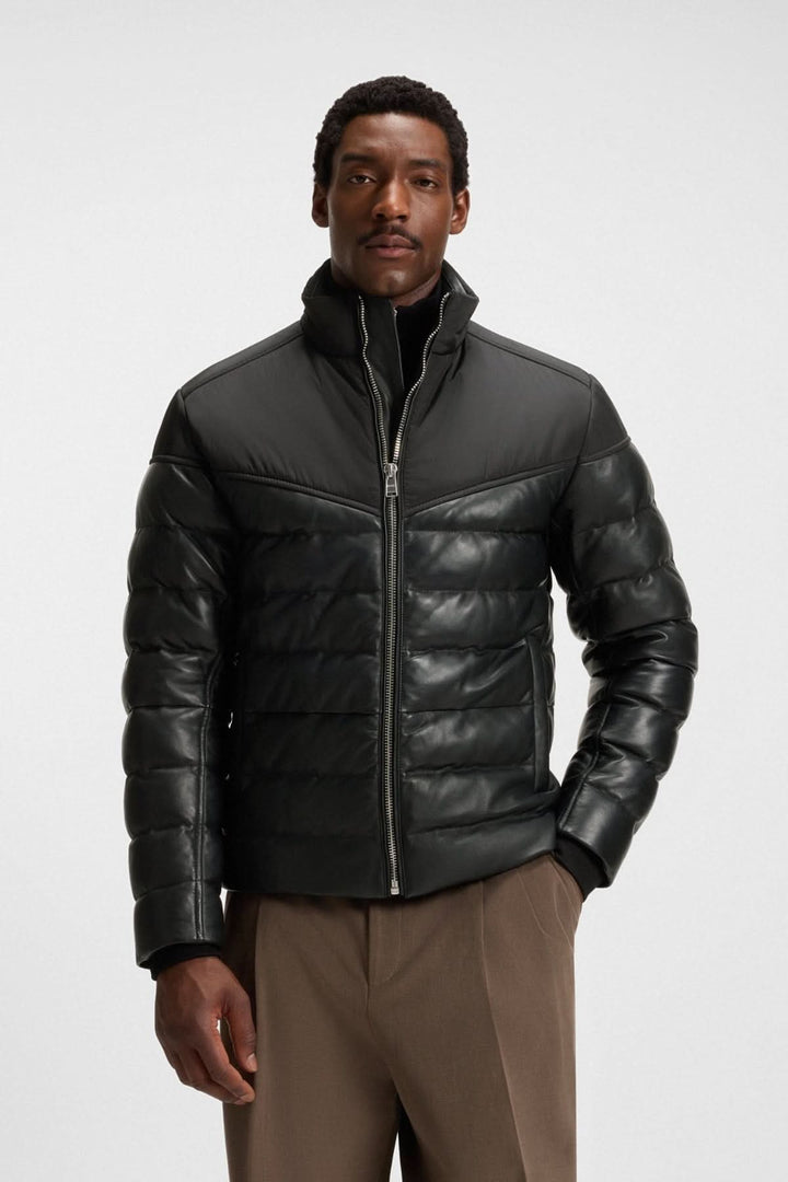 Blouson en cuir d’agneau avec col montant et finitions côtelées de BOSS, élégant et confortable pour un style intemporel.