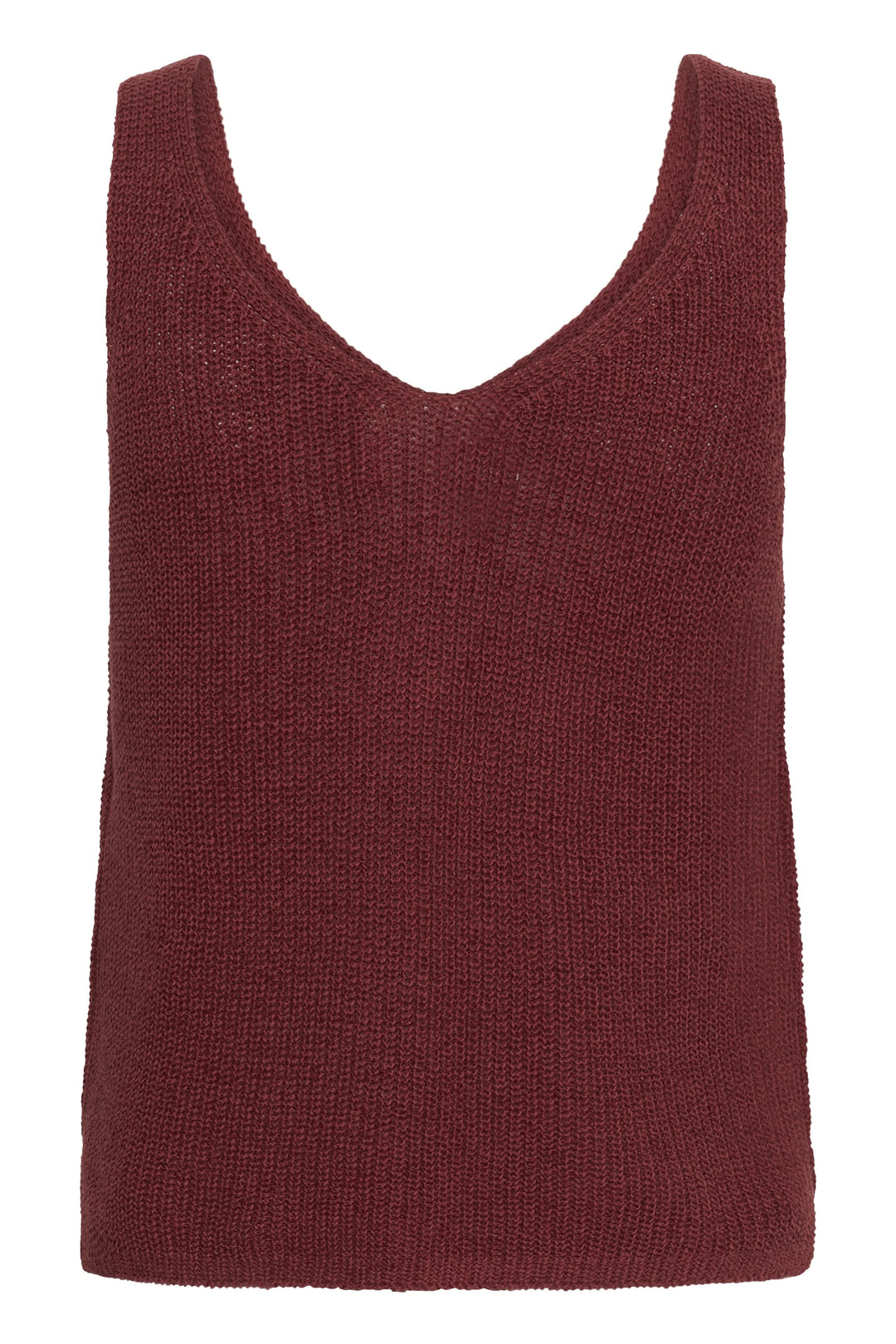 Camisole Rebecca tricotée col v sans manches en maille texturée bordeaux, idéale pour un style décontracté et estival.