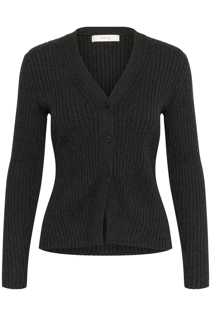 Cardigan Gia noir à encolure en V et fermeture boutonnée, maille côtelée élégante, ajustée pour un style chic et féminin.