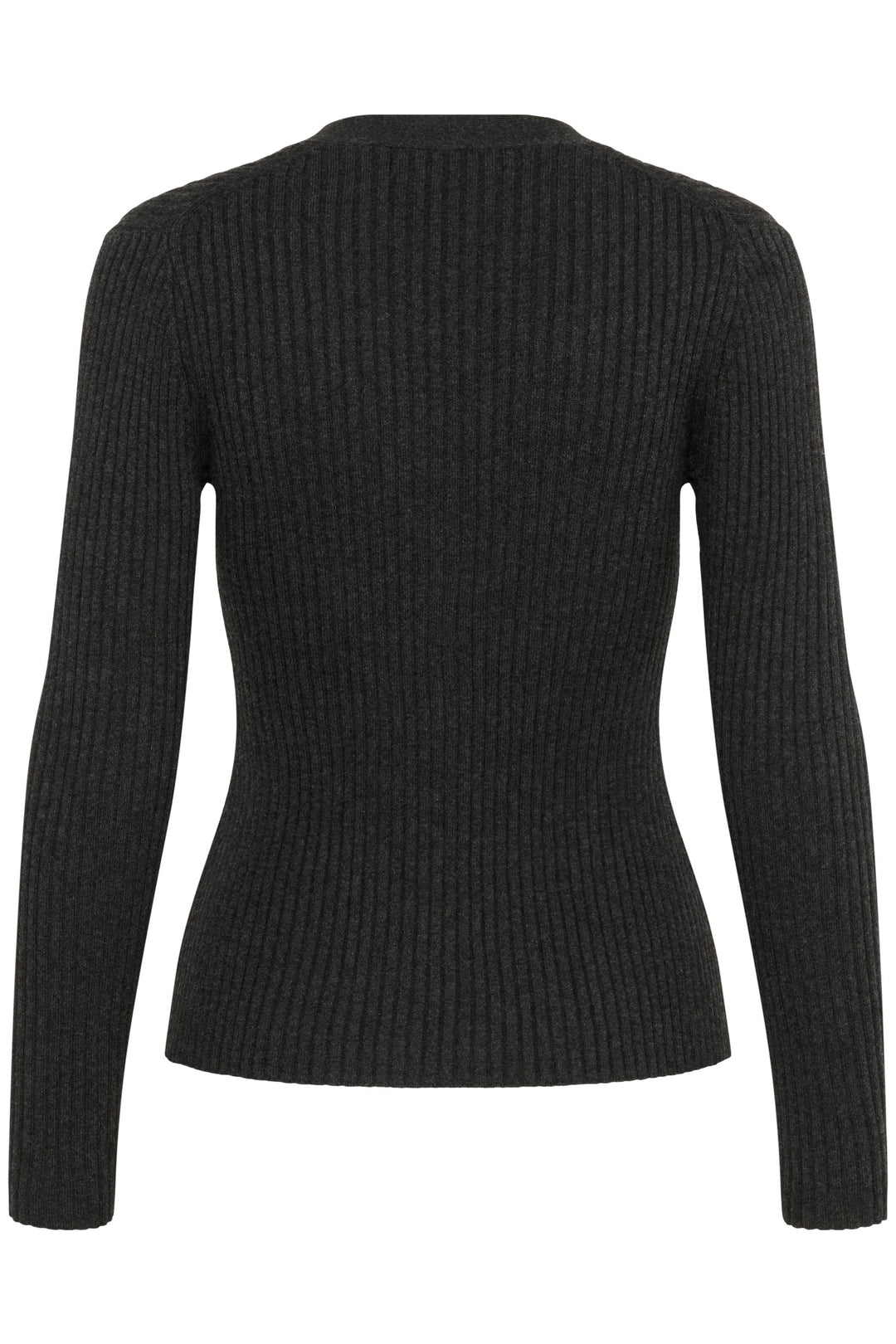 Vue arrière du Cardigan Gia en maille côtelée noire avec encolure en V et coupe ajustée.