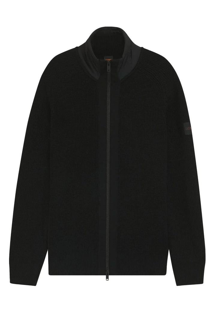 Cardigan Kigloo zippé en laine et nylon noir avec col montant matelassé et fermeture zippée double sens.
