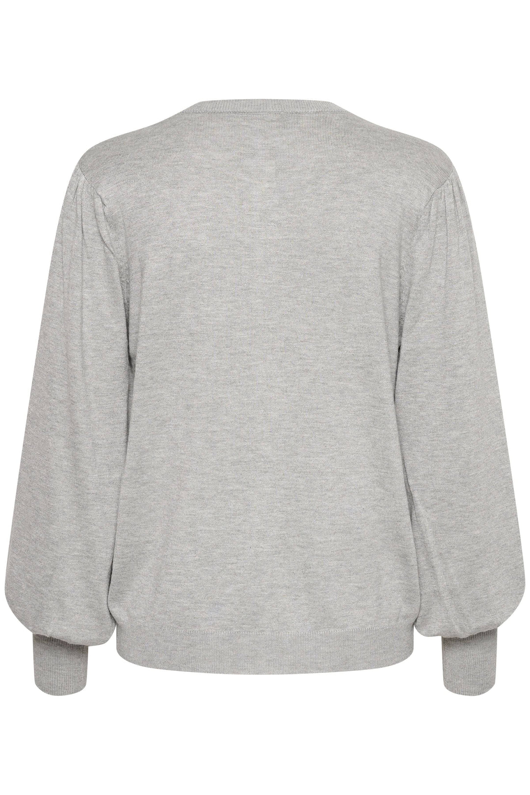 Vue arrière du cardigan Lizza gris à manches ballons et col rond, parfait pour tenues décontractées ou habillées.