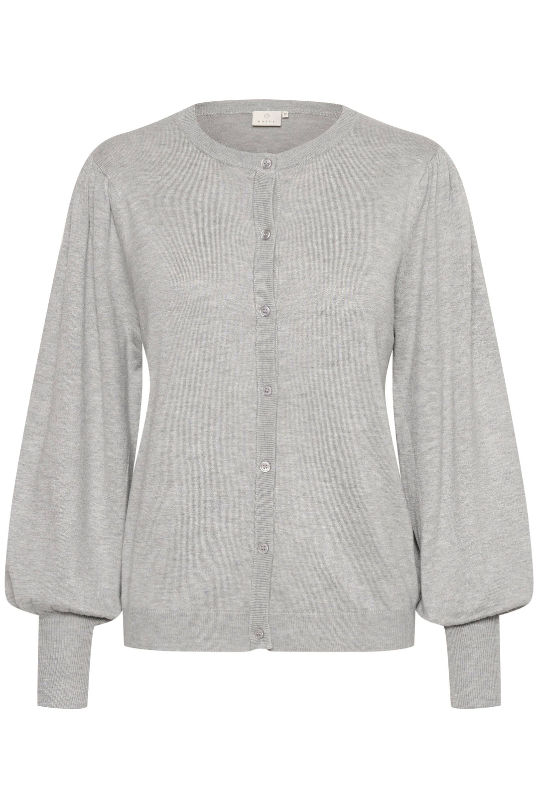 Cardigan Lizza gris à manches longues, col rond et fermeture boutonnée, style décontracté et habillé.