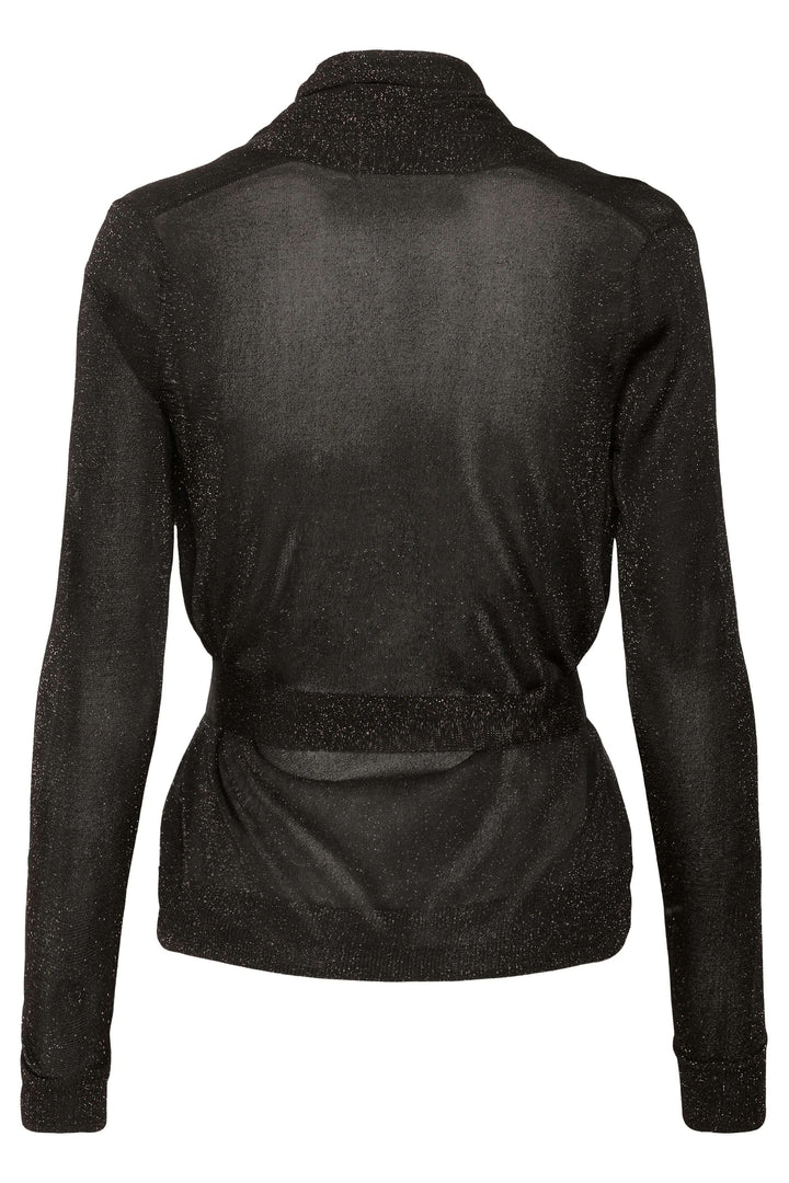 Vue arrière du Cardigan Thani à effet scintillant avec foulard intégré, montrant son tissu lumineux et ses manches longues élégantes.