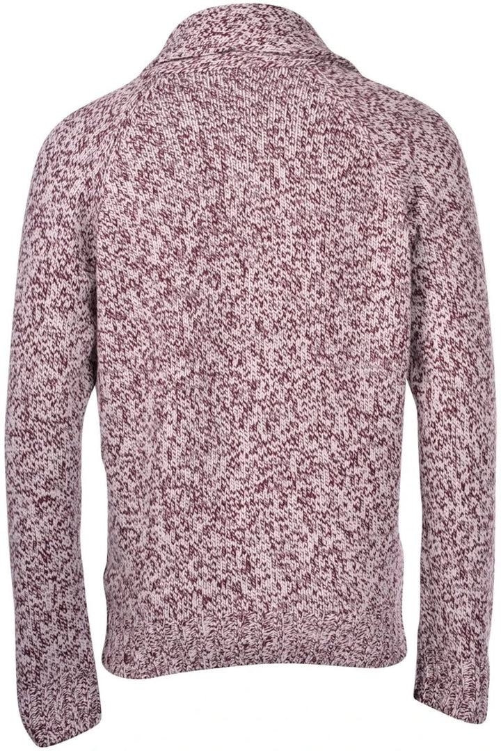 Cardigan à col châle en bordeaux et blanc, avec texture mouchetée et boutons en bois.