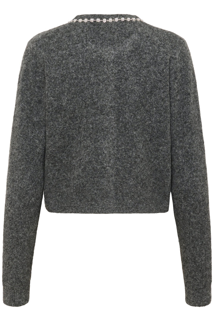 Cardigan en laine bouclée à col orné avec détail de perles et strass, vu de dos, montrant la texture à la mode.