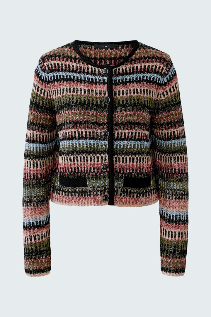 Cardigan en maille texturée avec motif graphique, coupe droite et encolure ronde. Style polyvalent et classique.