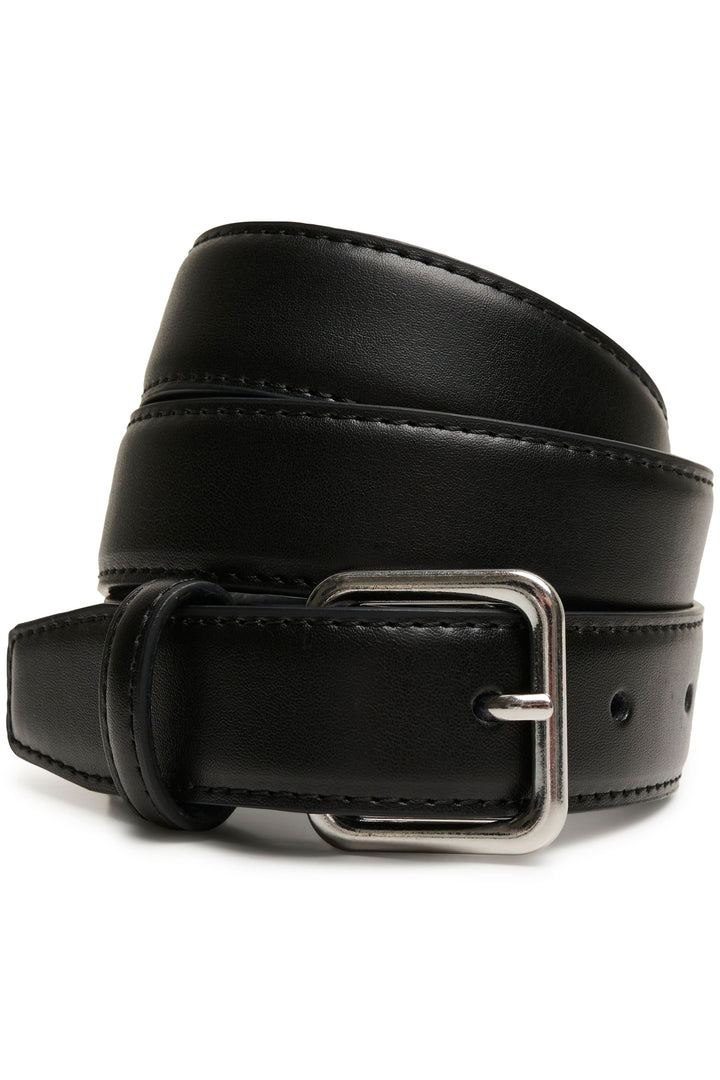 Ceinture Adrianna en cuir véritable avec boucle métallique rectangulaire argentée, design classique et intemporel.
