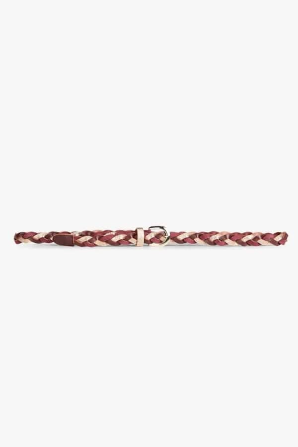 Ceinture Nepsy tressée en cuir, mélange de cuirs lisses, velours et pailletés pour une élégance raffinée.