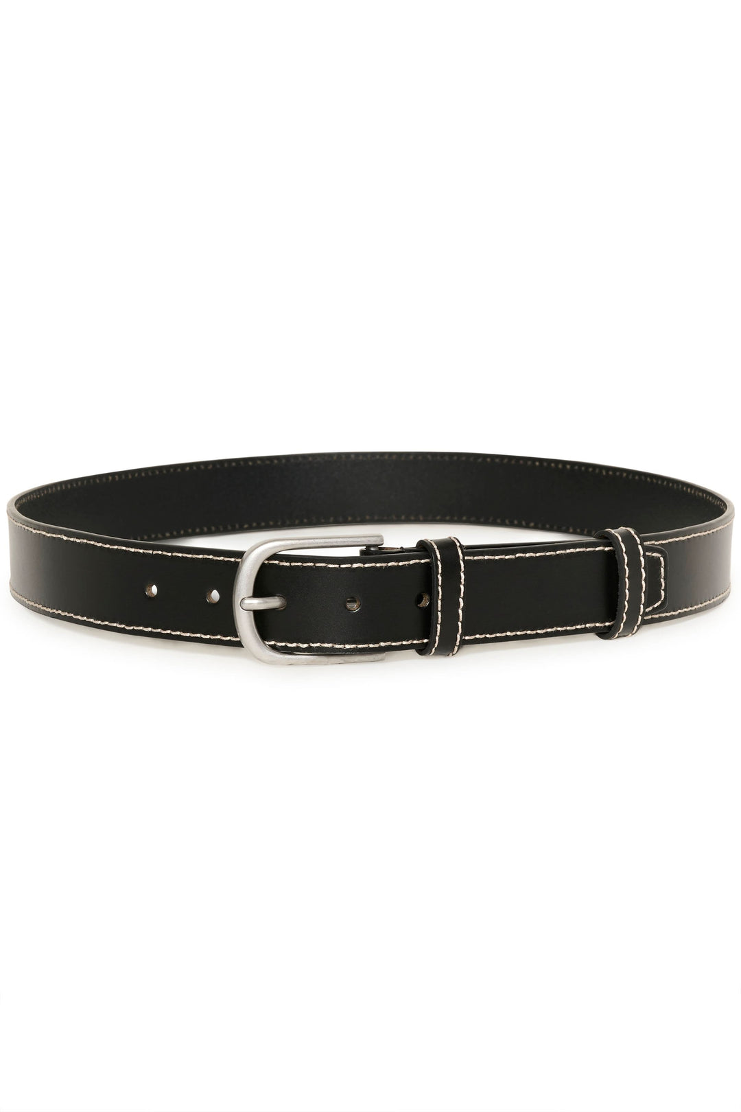 Ceinture Seyra en cuir véritable noir avec surpiqûres contrastantes et boucle métallique classique, accessoire chic et sobre.