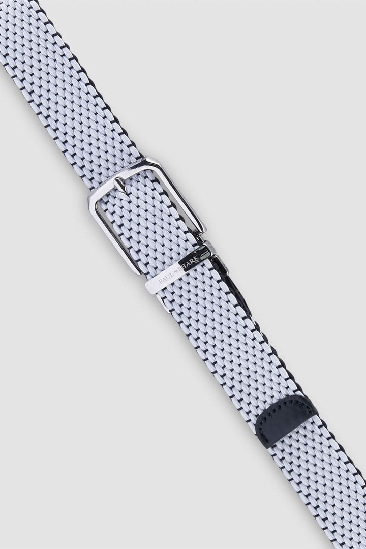 Ceinture élastique réversible avec finitions en cuir, ceinture tressée blanche et boucle métallique, accessoire polyvalent et élégant.