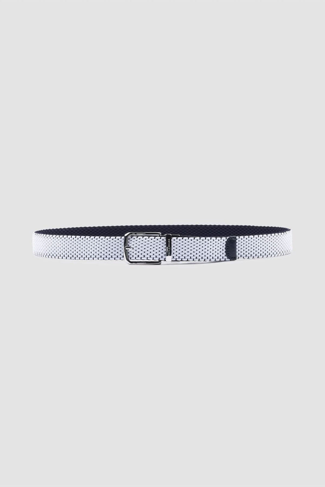 Ceinture élastique réversible avec finitions en cuir, ceinture tressée blanche et marine, boucle métallique élégante pour tenue décontractée.