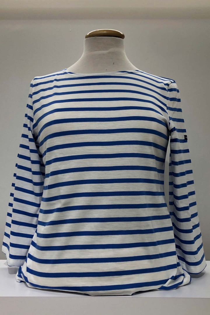 Chandail GALATHEE II à rayures bleu et blanc, manches ¾, coupe ajustée, style marin.