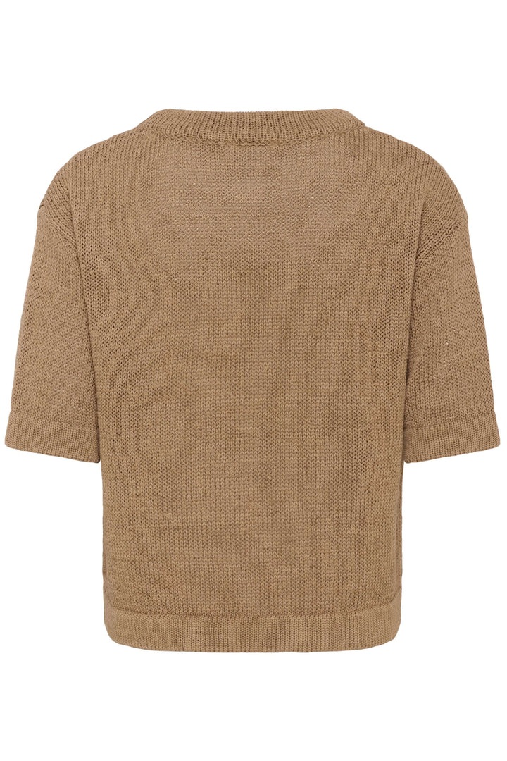 Chandail Sevita en maille légère beige, coupe droite avec manches courtes et encolure ronde, idéal pour un style décontracté.