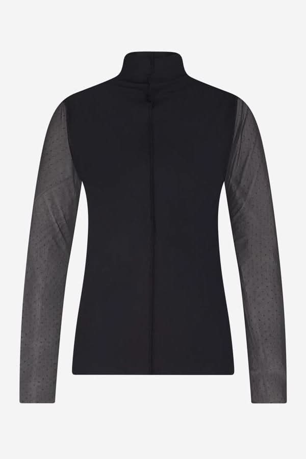 Chandail à col montant et manches transparentes, chic et moderne, idéal pour tenues de soirée ou looks professionnels, coupe ajustée.