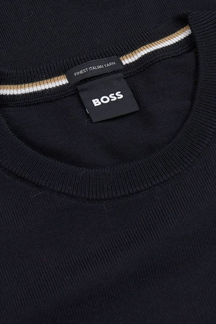 Chandail en laine vierge Botto avec col rond en tricot fin, étiquette BOSS visible, coupe régulière pour look élégant et moderne.