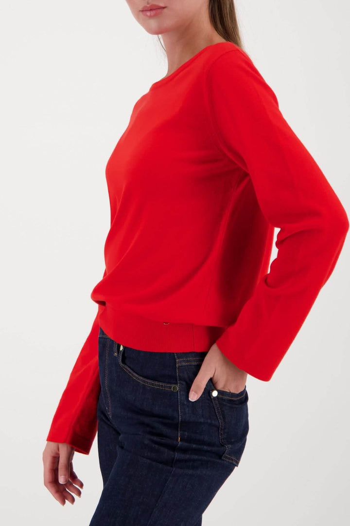 Chandail à manches longues col rond rouge, coupe droite, style intemporel, encolure ronde, idéal pour différentes tenues. Décris moi le produit en français.