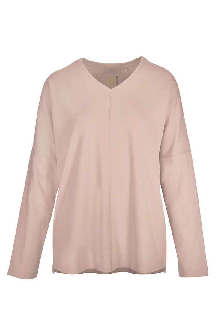 Chandail minimaliste encolure V, manches longues, coupe ample pour style décontracté.