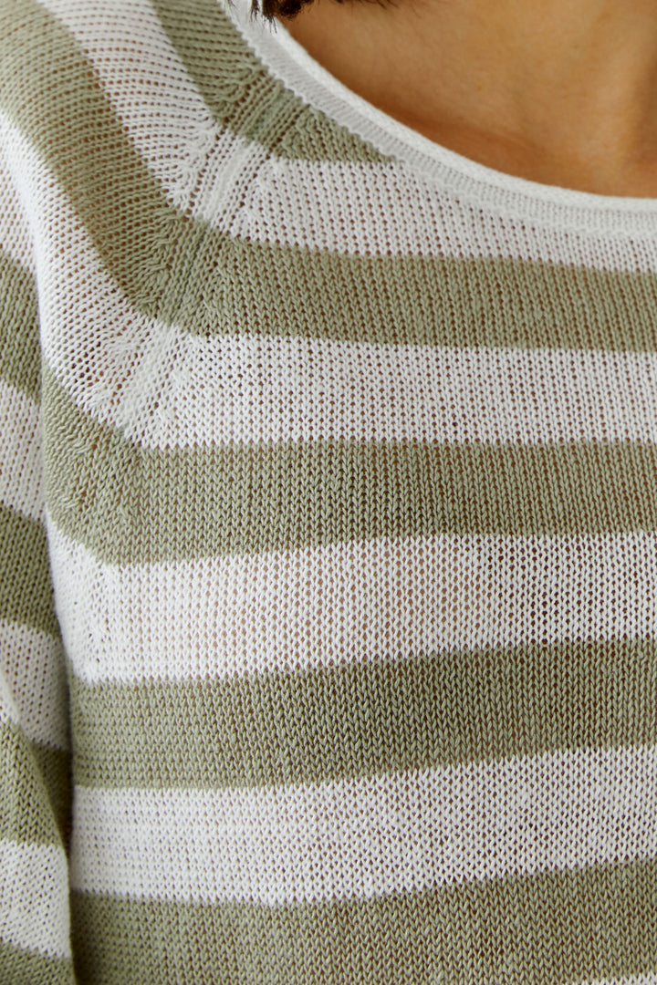 Chandail à rayures texturées manches trois-quarts avec encolure ronde et texture subtile pour un style élégant et confortable.