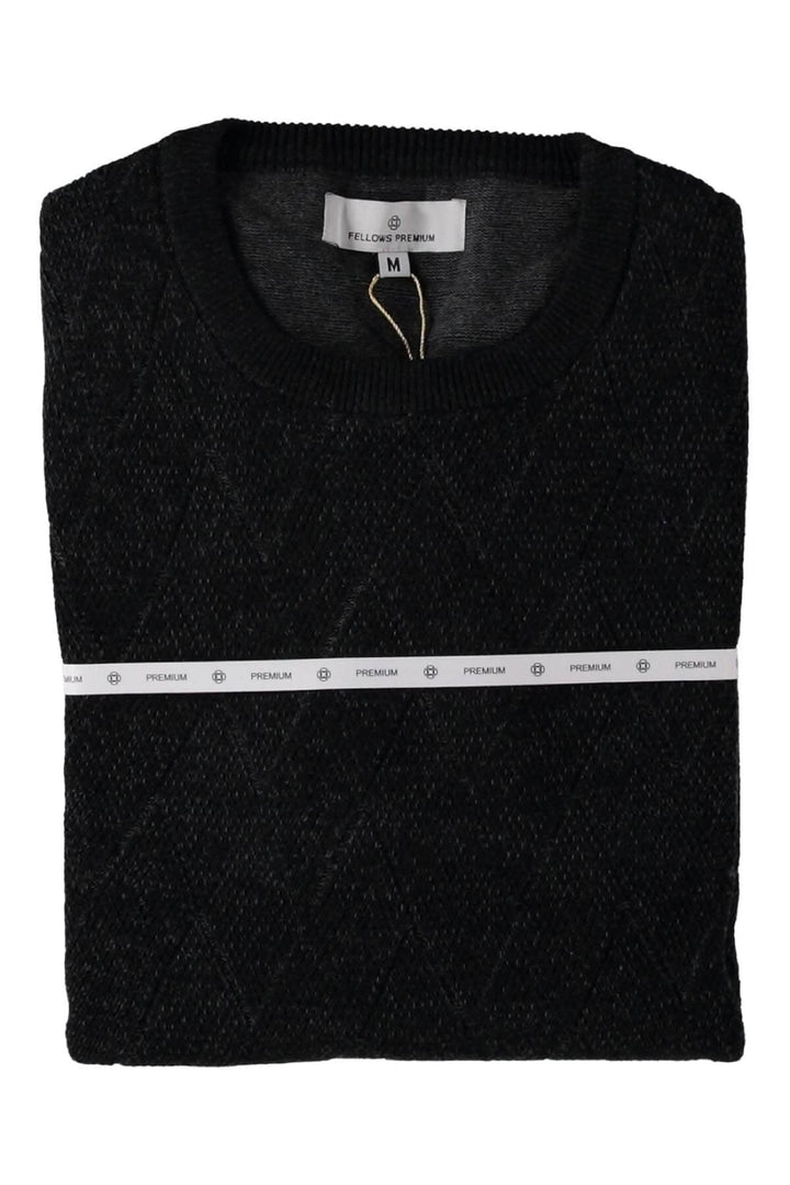Chandail noir en tricot avec motif chevron, col rond côtelé, taille M, élégant et confortable pour votre garde-robe.