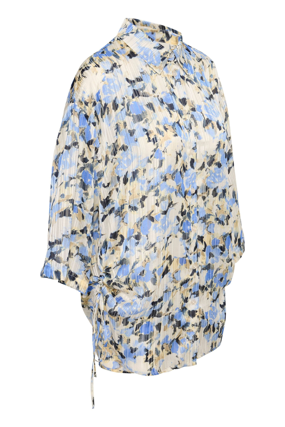 Chemise Eva avec imprimé floral bleu, manches 3/4, coupe surdimensionnée, parfaite pour un style confortable.