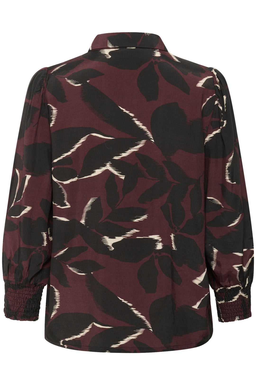 Chemise Mille imprimée avec col classique, manches longues smockées, imprimé graphique moderne, vue de dos.
