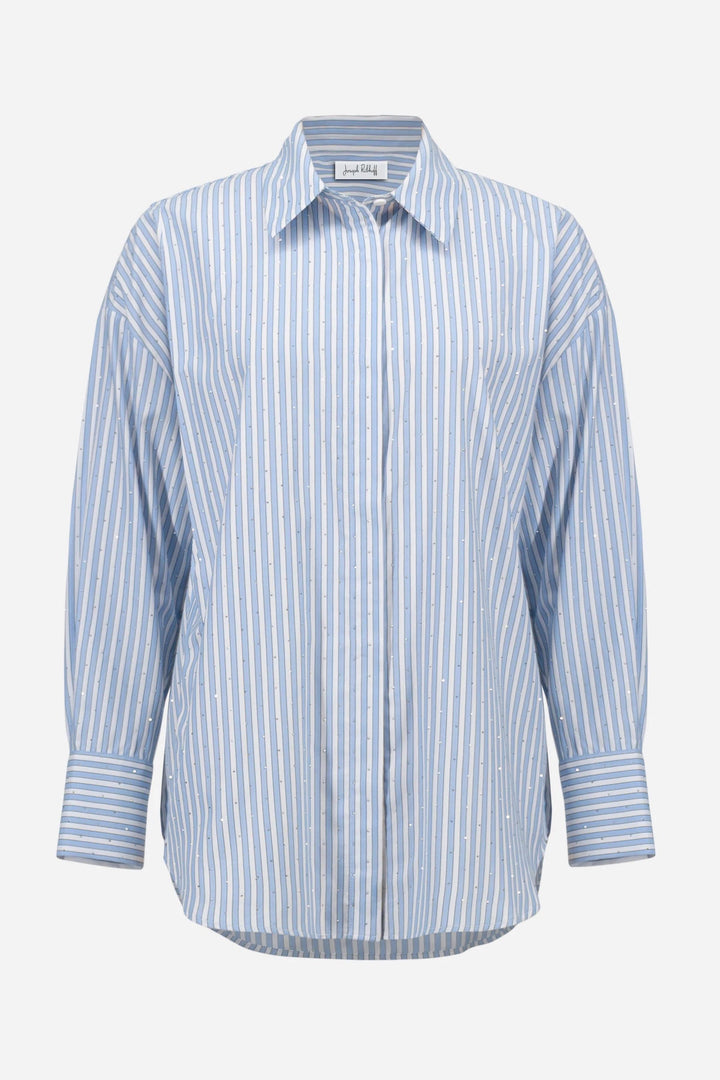 Chemise avec paillettes et rayures verticales, col classique, manches longues, coupe droite élégante pour look épuré.