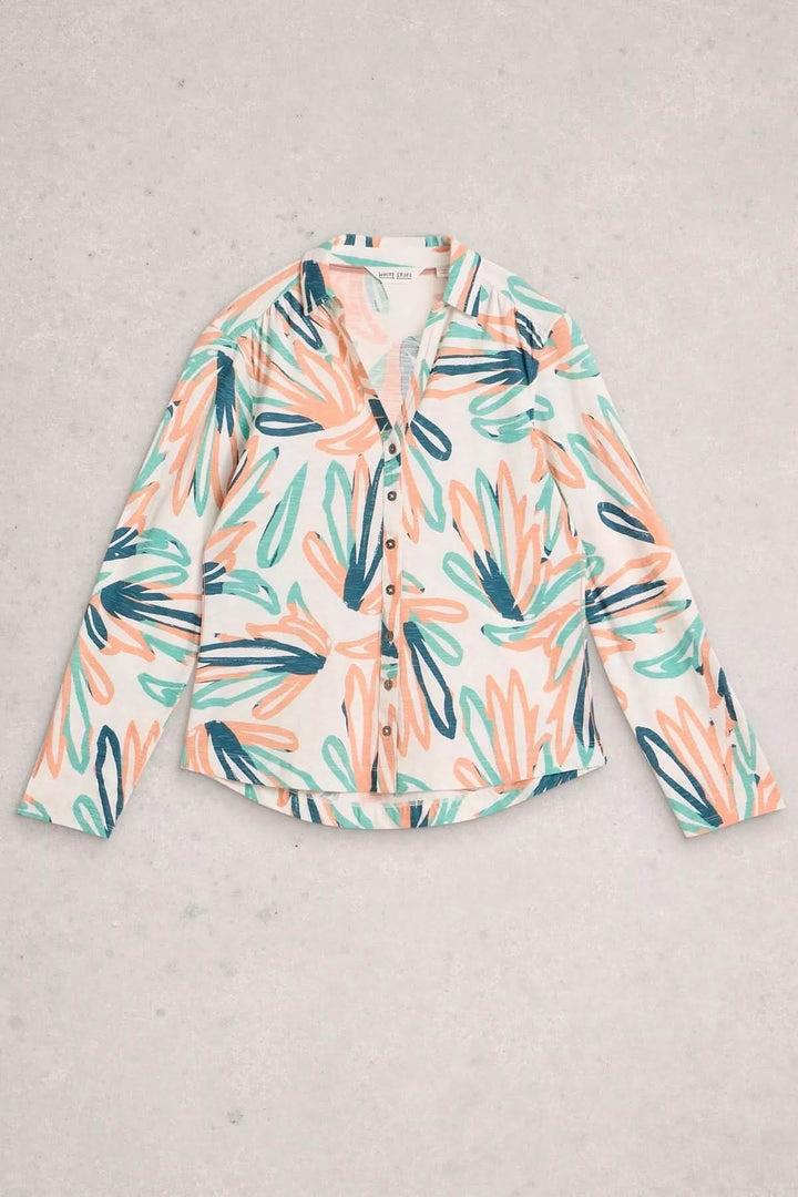 Chemise boutonnée col en V manches trois-quarts Annie à motif floral sur fond gris
