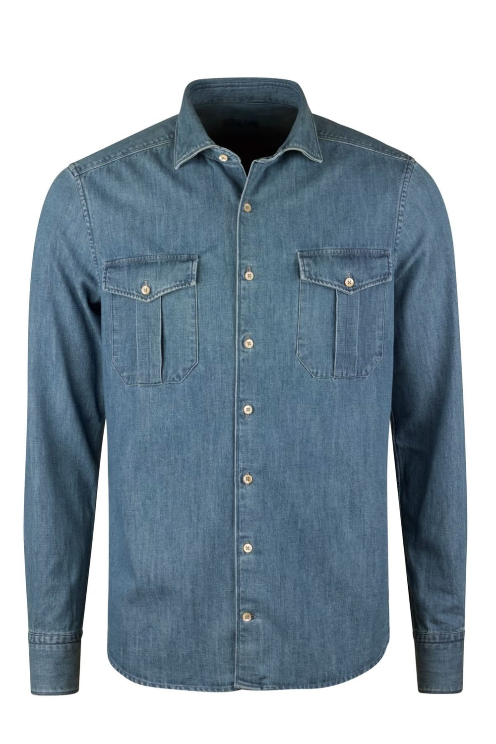 Chemise en denim poches poitrine et boutons nacrés avec col cut away et poignets simples, style moderne, vêtement polyvalent.