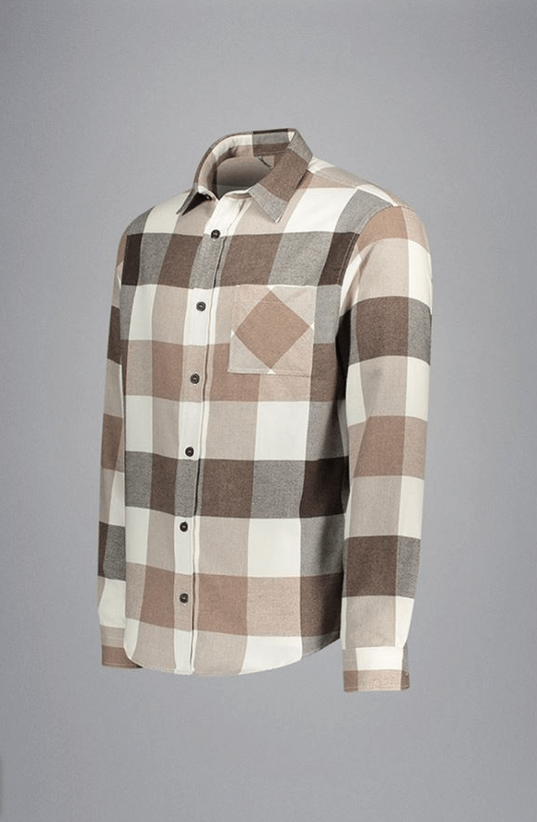 Chemise en flanelle à grands carreaux neutres, motif beige et brun, col classique, flanelle brossée douce et chaude.