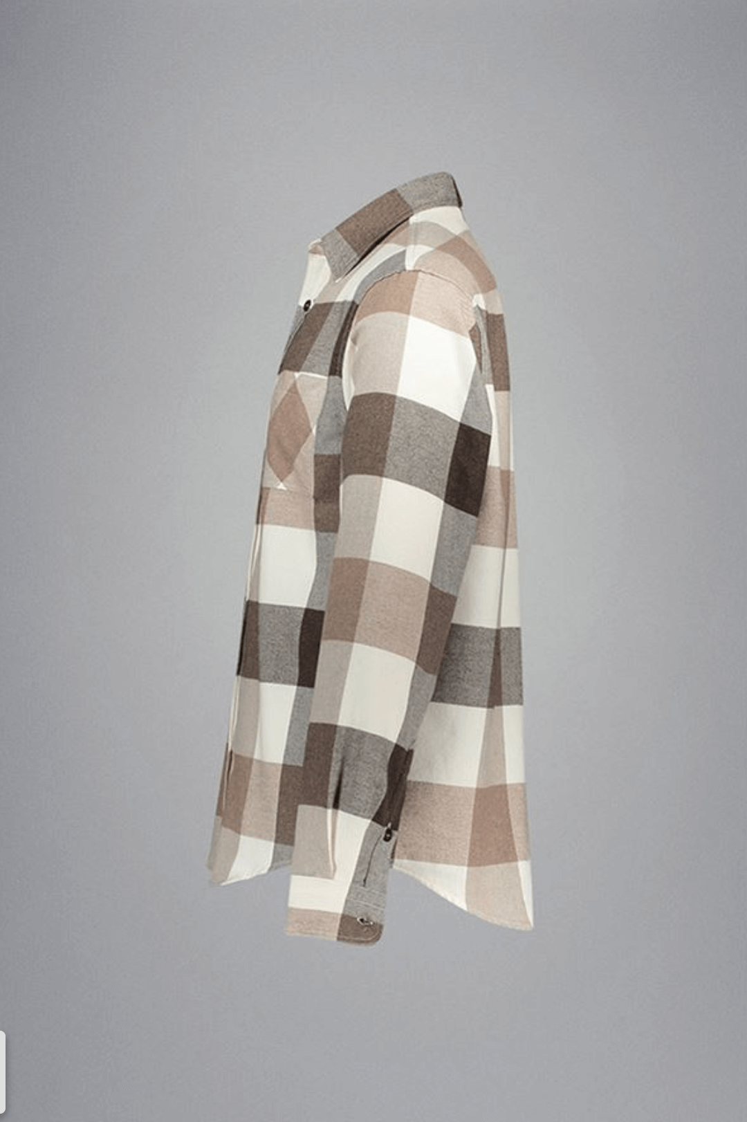 Chemise en flanelle à grands carreaux neutres avec motif beige, brun et gris, vue latérale.