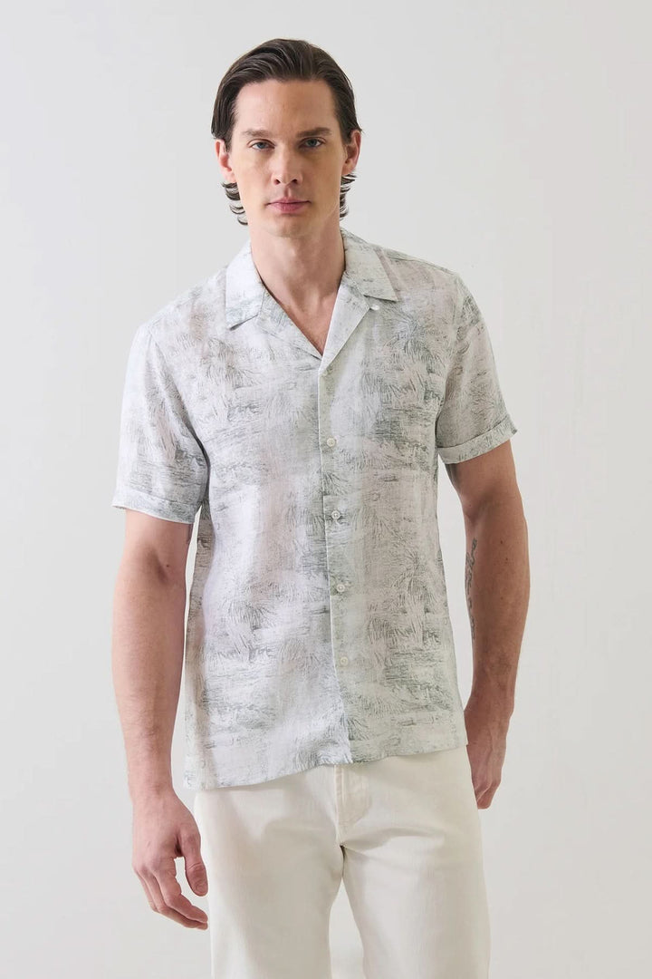 Tropical-print linen shirt with a mandarin collar