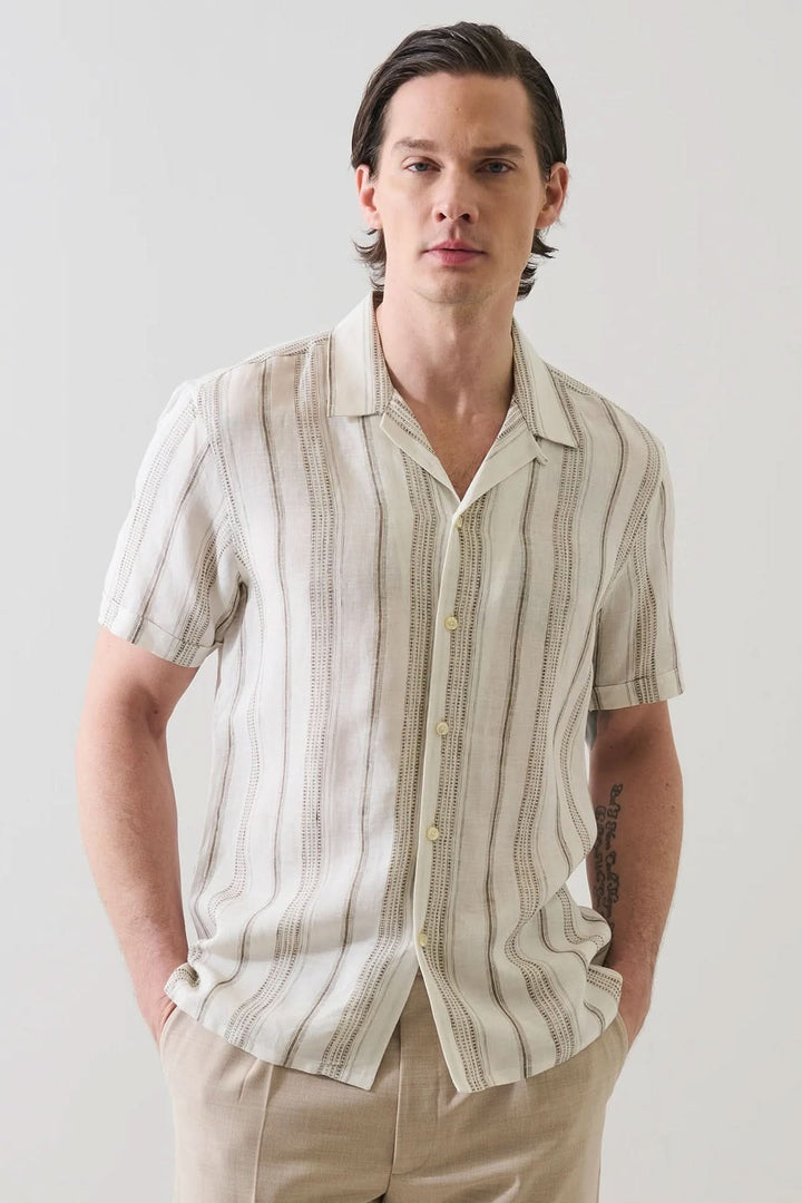 Chemise en lin à rayures dobby col camp
