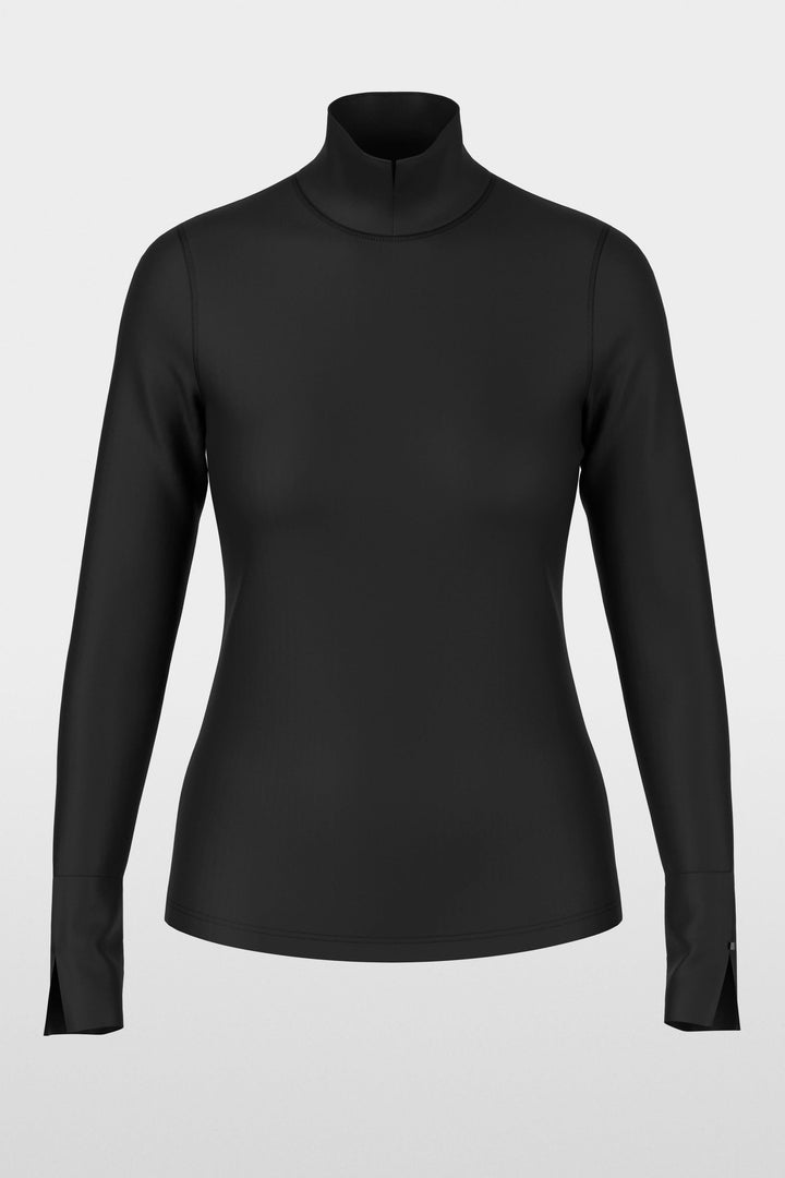 Col roulé ajusté noir avec zips aux poignets et col fendu, idéal pour un look chic avec jupe plissée ou allure classique avec pantalon.