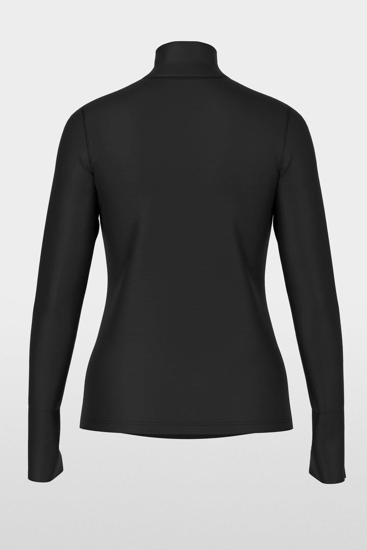 Vue arrière du col roulé ajusté noir avec détails raffinés et fermeture zippée discrète sur poignets.