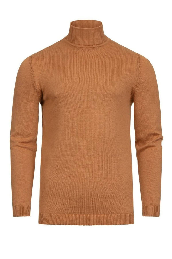 Col roulé classique en laine fine, couleur terre cuite, style sophistiqué pour occasions habillées ou réunions informelles.