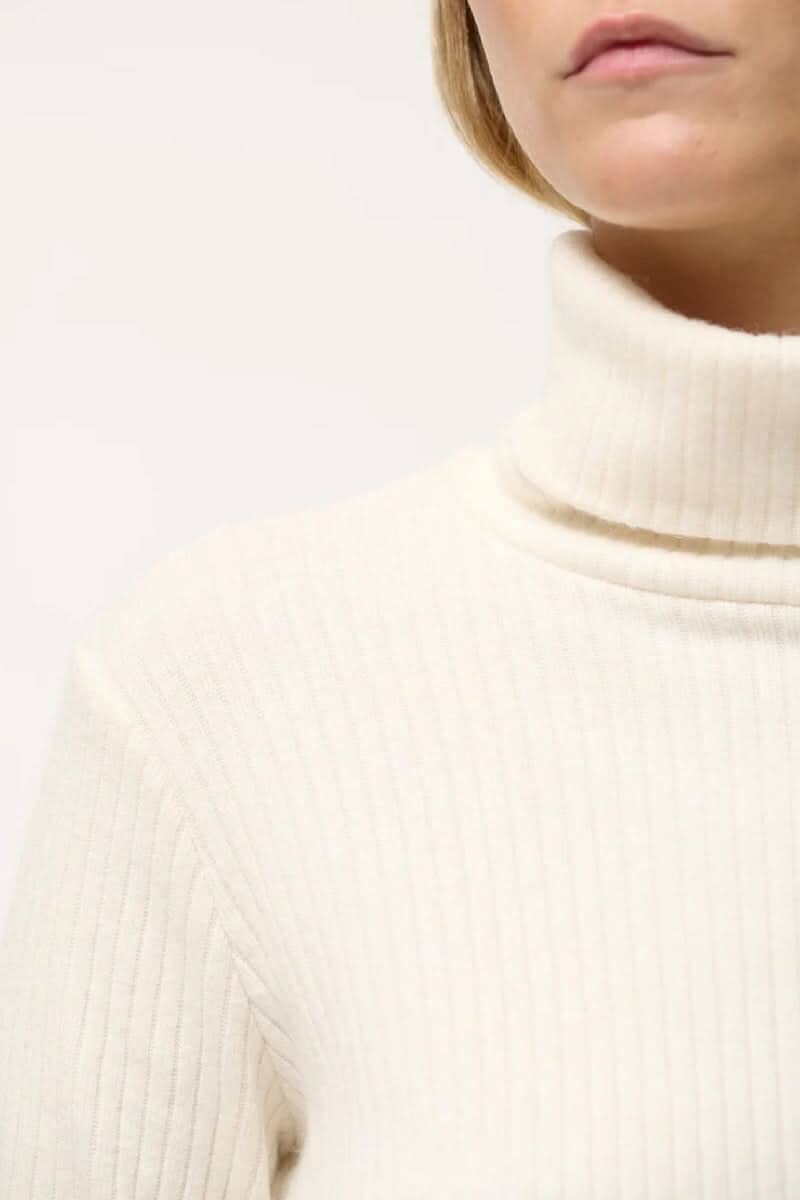 Col roulé côtelé élégant en jersey, manches longues et couleur crème, parfait pour le style décontracté ou habillé.
