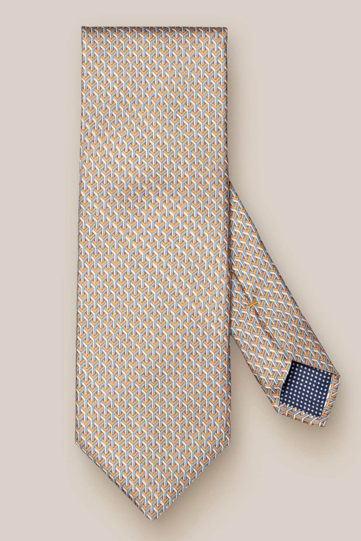 Cravate en soie à motif géométrique orange et bleu clair, tissage jacquard élégant.