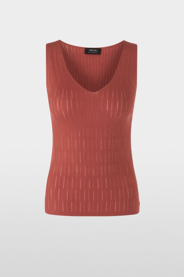 Haut en maille côtelée sans manches à col v rouge brique, ajusté, extensible, élégant pour un style moderne.