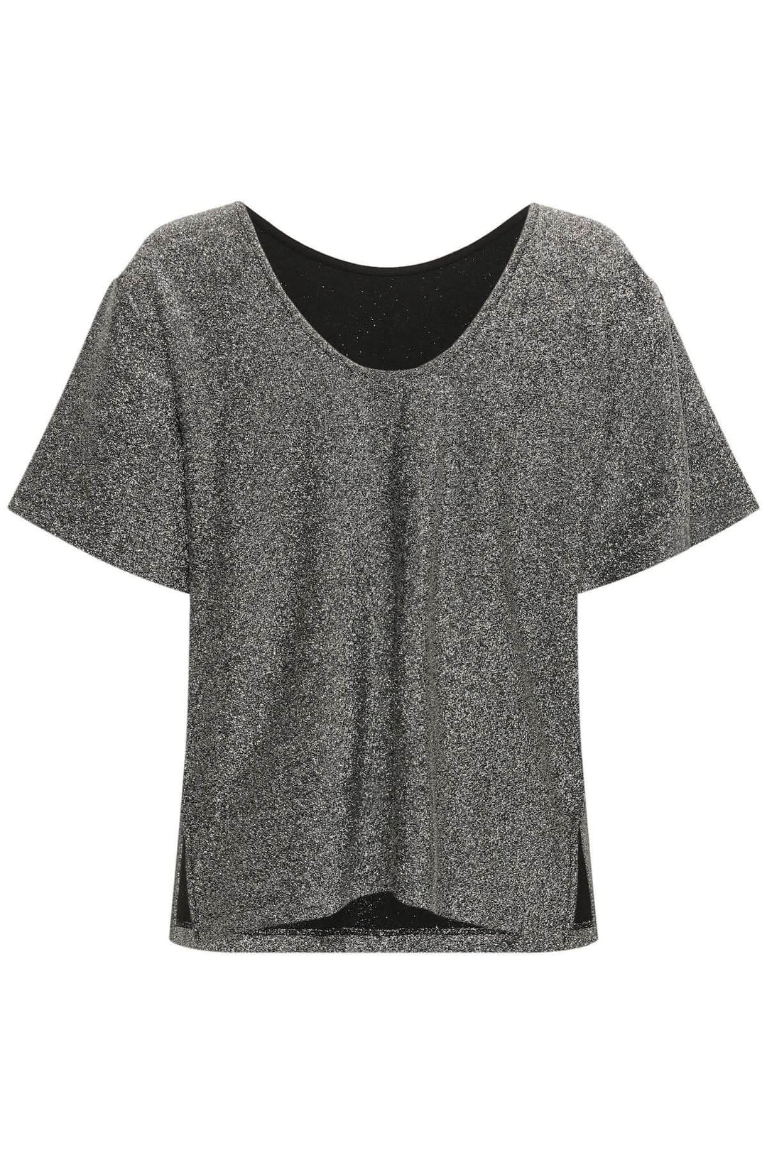 Haut scintillant à dos dégagé Verrona avec effet métallique et manches courtes, idéal pour une tenue élégante et moderne.