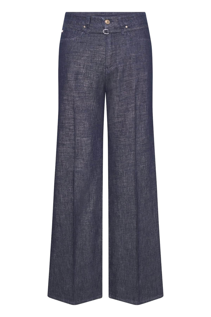 Jean à ceinture à jambe large, coupe structurée avec plis français, taille mi-haute pour un style élégant et raffiné.
