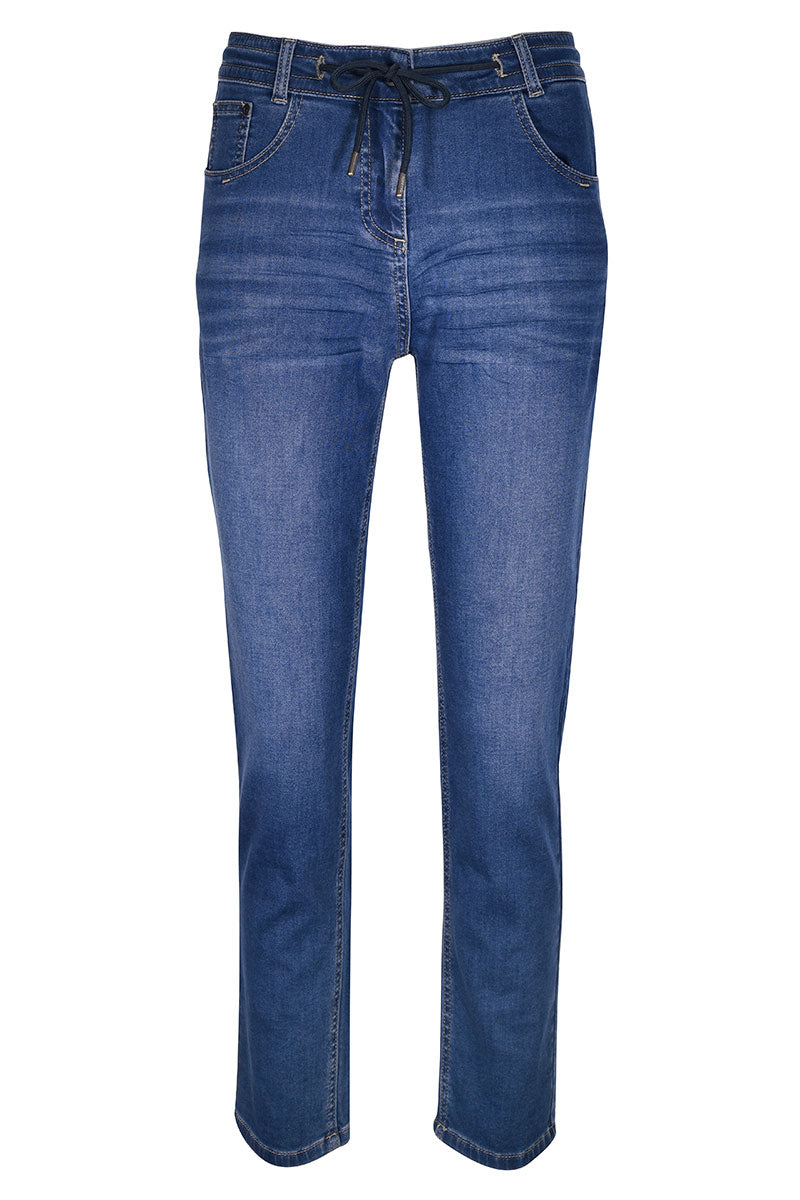 Jean décontracté bleu avec cordon d'ajustement et coupe droite ample, parfait pour un style casual et moderne.