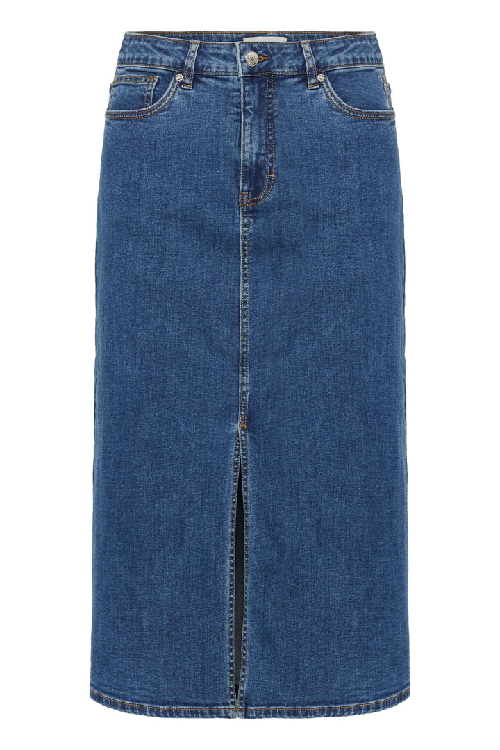Jupe Dillin en denim avec fente frontale, coupe midi et taille classique, style intemporel parfait pour un look urbain chic.